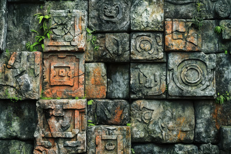 A close-up of an ancient stone wall with carved symbols and green foliage growing on it.の素材