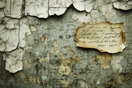 A close-up view of a weathered wall with peeling paint and a faded handwritten note.の素材