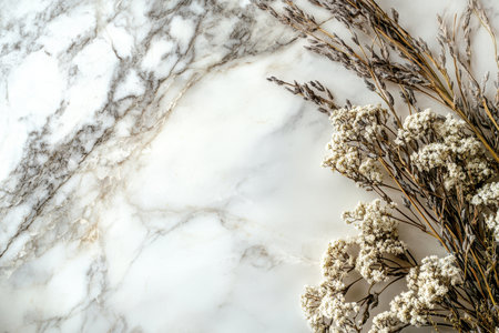 A close-up image of dried white flowers and grasses arranged against a white marble background.の素材