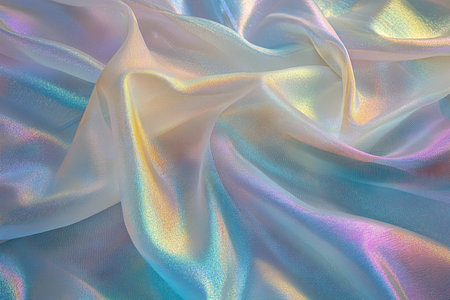 A close-up image of iridescent fabric with shimmering texture, showcasing soft, flowing folds and vibrant color transitions.の素材
