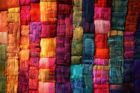 A close-up of a textured surface made from a variety of brightly colored fabric patches, each woven with horizontal lines.の素材