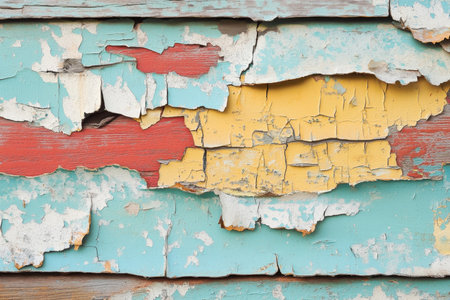 A close-up view of a weathered wooden surface with peeling paint in shades of blue, yellow, and red. The paint is cracked and flaking, revealing the underlying woodgrain.の素材