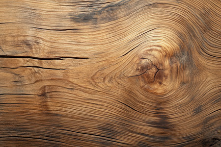 A detailed close-up of a weathered piece of wood, showcasing its intricate grain patterns and a prominent knot.の素材