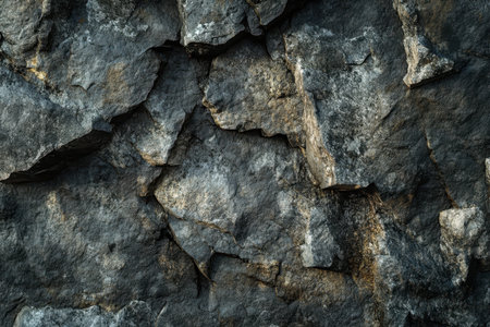 A close-up image of a dark gray rock face, displaying the rough, cracked, and weathered texture of the rock.の素材