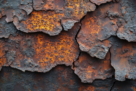 A close-up shot revealing the texture of a rusted metal surface with peeling, flaking, and cracking, creating an abstract and distressed pattern.の素材