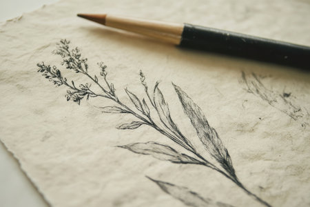 A close-up of a pencil sketch of a plant with leaves, drawn on a textured surface.の素材