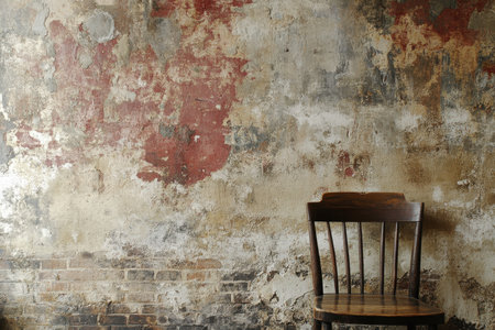The image depicts a solitary wooden chair against a brick wall that is covered in peeling paint and plaster.の素材