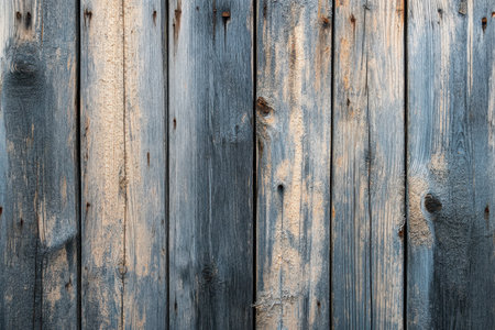 Close-up of a weathered wooden surface with vertical blue painted planks.の素材
