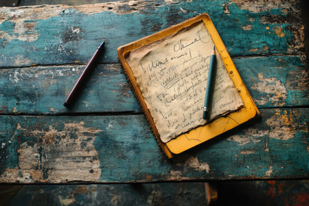 A close-up image of an old book, a pencil, and a pen resting on a worn wooden table with faded blue and green paint.の素材