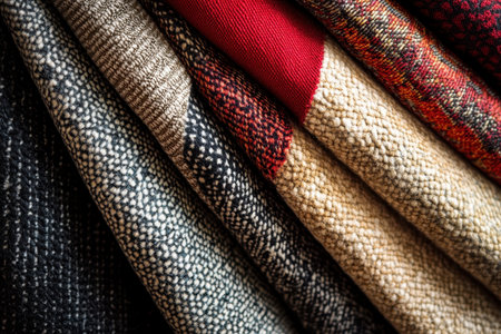 A close-up photograph captures the intricate texture and color variations of a folded fabric with a variety of patterned surfaces.の素材