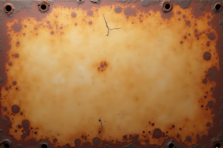 A close-up of a weathered and rusty metal plate with circular holes and brown spots.の素材