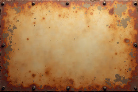 A close-up of a rusty metal plate with screws and corrosion, showing the texture and detail of the surface.の素材