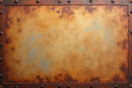A close-up shot of a rusty metal plate with rivets, showing the texture and distressed finish of the surface.の素材