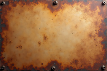 A close-up image of a rusty metal plate with screws and corrosion.の素材