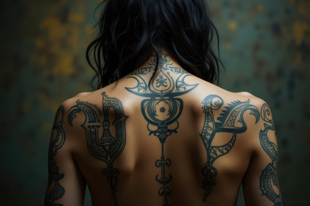 A woman&#39;s back with a large, intricate black tattoo covering it.  The tattoo consists of  ornamental designs, geometric shapes, and symbols, with a focus on a central, symmetrical piece.の素材