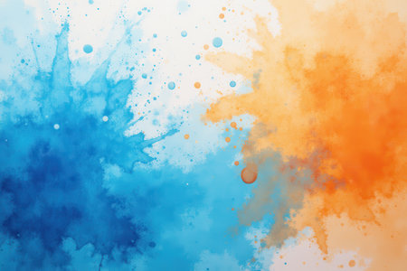 A close-up abstract watercolor painting of blue and orange splashes and droplets, creating a vibrant and energetic composition.の素材
