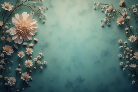 White flowers arranged in a simple, elegant design against a teal background, creating a serene and romantic aesthetic.の素材