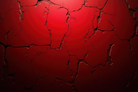A close-up shot of a red, cracked surface with subtle lighting, creating a textured and abstract background.の素材
