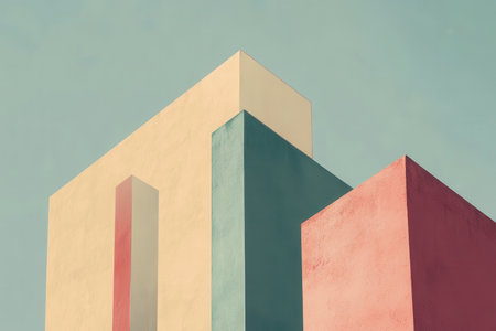 An abstract architectural composition featuring various colored walls and geometric lines against a clear blue sky.の素材