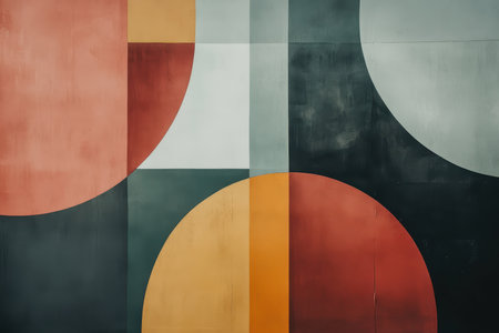A close-up of a wall with an abstract geometric pattern, featuring half circles and quarter circles in vibrant colors, creating a modern and stylish design.の素材