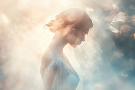 A woman in a white lace dress stands in a misty, sunlit setting, her face turned away from the camera.  The image evokes a sense of dreaminess and ethereal beauty.の素材