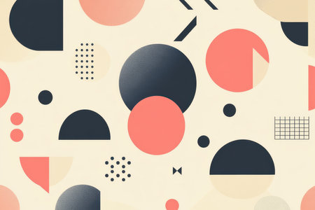The image showcases a modern and minimalist geometric pattern featuring red, black, and white circles arranged against a cream background. The pattern is abstract and playful, incorporating various sizes and portions of circles to create a dynamic and visually interesting design.の素材