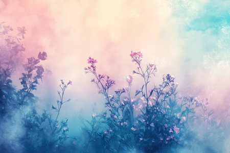 An abstract painting depicting pink flowers in a misty, ethereal landscape with soft blue and pink hues.の素材