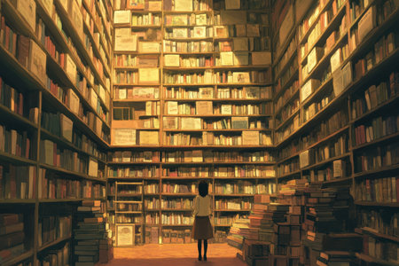 A woman stands in the center of a large library surrounded by towering bookshelves filled with books.の素材