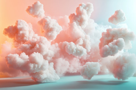 A digital rendering of fluffy white clouds against a soft pink and blue gradient background.の素材
