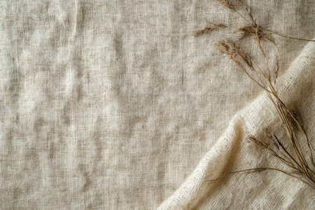 A close-up shot of dried grass sprays arranged on a textured fabric surface, creating a simple, rustic background.の素材