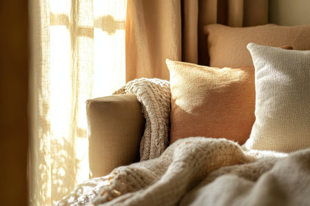 A close-up shot of a cozy couch with soft pillows and a blanket bathed in warm sunlight streaming through a window.の素材