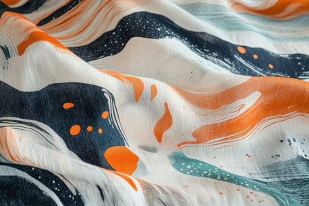A close-up shot of a white fabric with an abstract pattern of wavy lines and orange and teal accents.の素材