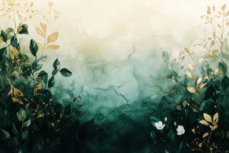 A watercolor painting featuring a blend of green and gold foliage with white flowers, creating an abstract and artistic composition.の素材