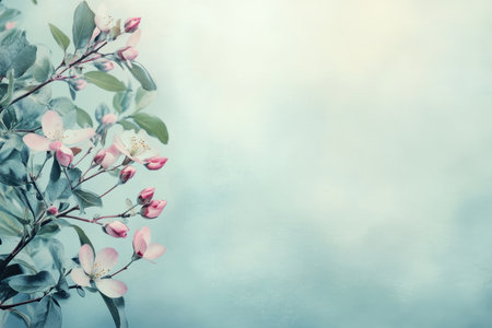 A close-up of a branch with pink blossoms and green leaves against a soft blue background.  The image evokes a sense of springtime and new beginnings.の素材