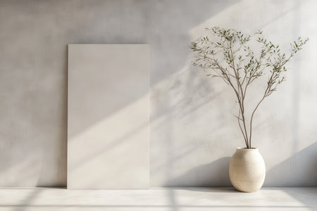 A minimalist interior design scene featuring a blank canvas leaning against a white wall, a potted plant with green leaves, and a wooden floor.の素材