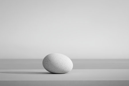 A single white egg with a textured surface sits on a smooth gray surface, creating a minimal and abstract still life composition.の素材
