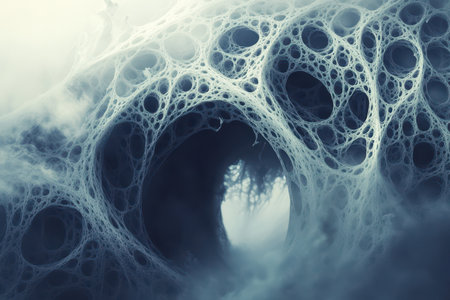 An abstract digital illustration depicting a cave entrance with a complex network of holes and white veins, creating a sense of depth and mystery.の素材