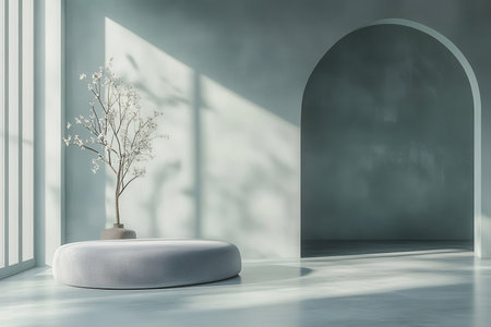 A minimalist interior with a round platform, a white flower branch, and soft lighting.の素材