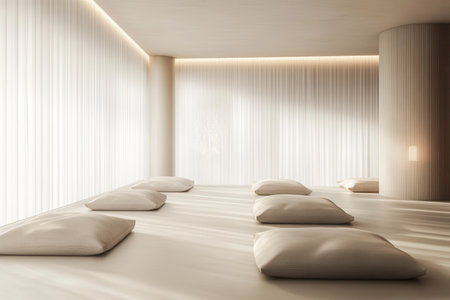 A minimalist room with white curtains and soft cushions on the floor, illuminated by natural light.の素材