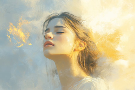 A digital painting of a woman&#39;s face with a golden halo and flames, resembling a spiritual or ethereal image.の素材