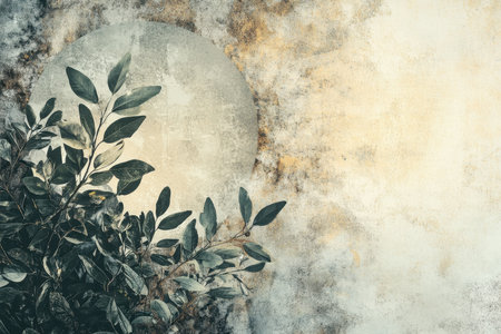 An abstract composition with green leaves and a round shape against a textured background.の素材