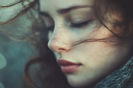 A close-up portrait of a young woman with freckles and windblown hair, emphasizing the soft features of her face and creating a sense of peace and serenity.の素材