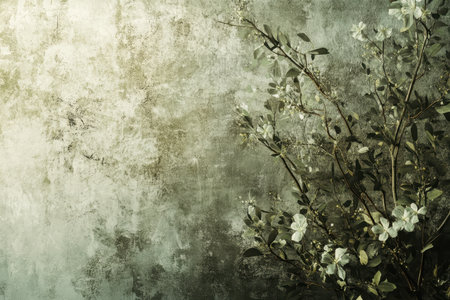 A close-up image of white flowers and green leaves against a rough, green-toned wall.の素材