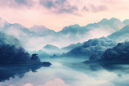 A serene landscape with a tranquil lake reflecting a misty mountain range at dawn.の素材