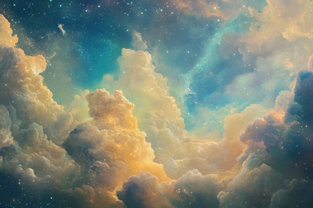 A digital painting depicting a dreamy scene of fluffy clouds and twinkling stars against a backdrop of a blue, green, and yellow night sky.の素材