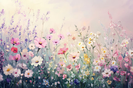 A vibrant oil painting of a field of delicate pink, white, and yellow flowers in a soft, romantic style.の素材