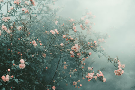 An image of a pink rose bush in bloom, with soft, hazy mist creating a dreamy and ethereal ambiance.の素材