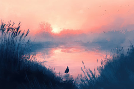 A lone bird stands at the edge of a misty lake as the sun sets, casting a warm glow over the water and sky.の素材