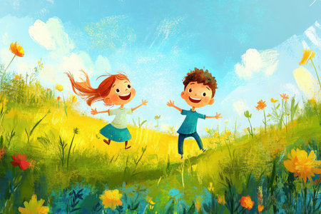 A cartoon illustration of a boy and girl joyfully playing in a field of flowers on a sunny day.の素材