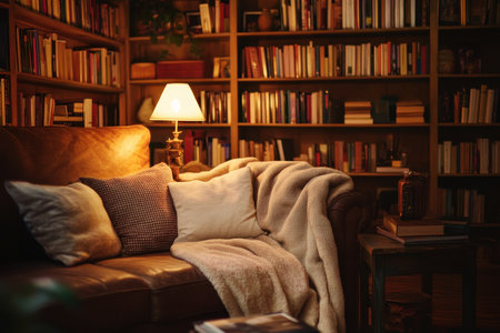 A cozy living room with a leather couch, a bookshelf filled with books, and a lit lamp casting a warm glow.の素材
